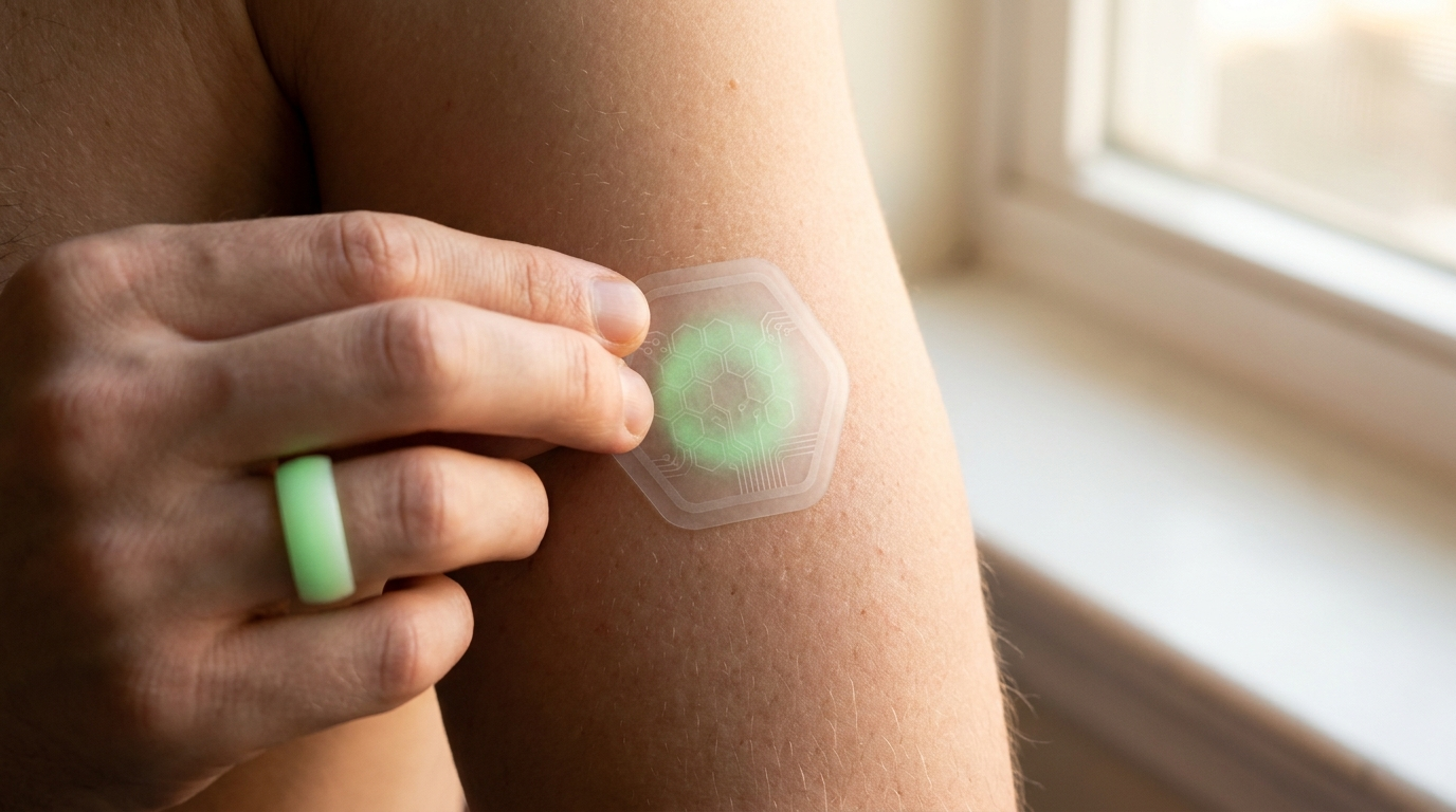 The Sable device: a translucent hexagonal patch glowing green, pressed onto a forearm, worn with a matching green ring