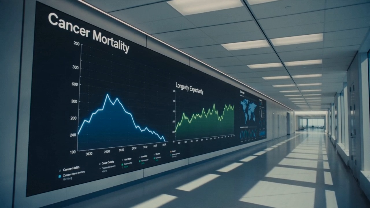 A hospital corridor wall of live data: cancer mortality falling, longevity expectancy rising across the world